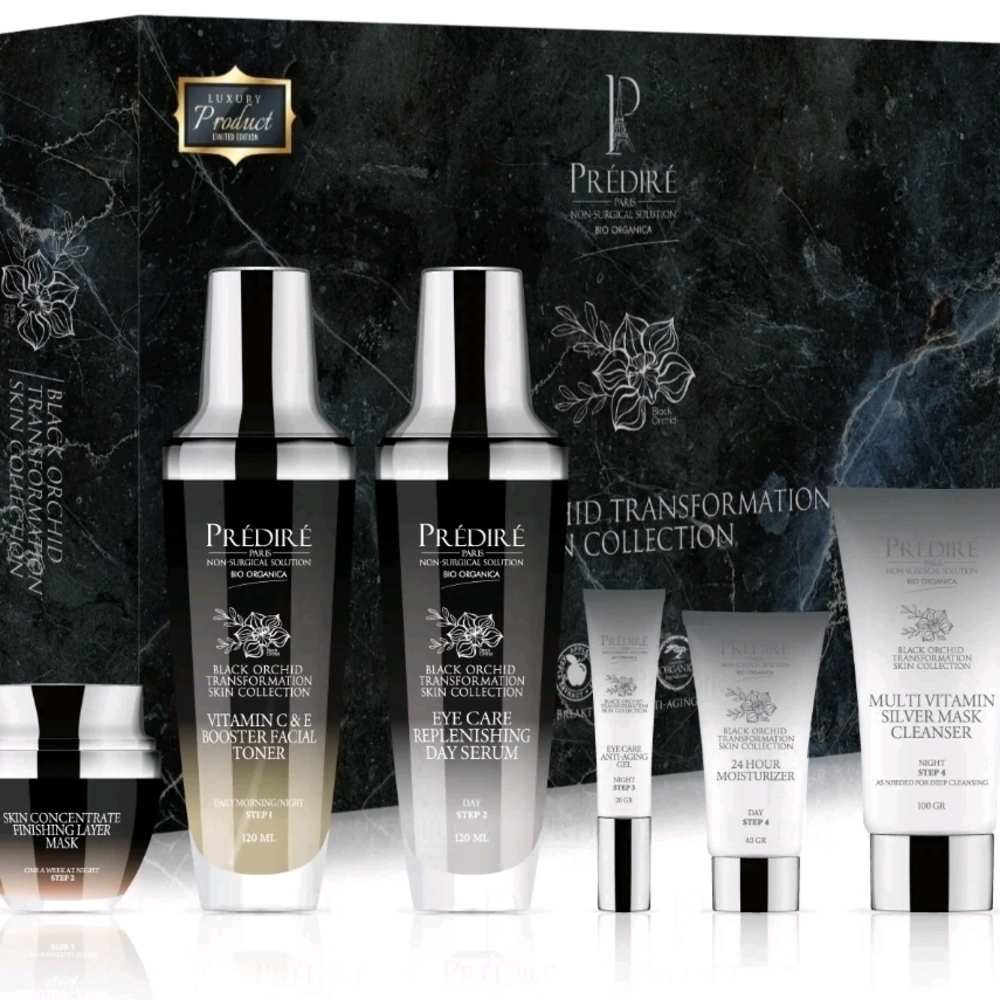 Prédiré Skincare Set with Black and Silver Packaging